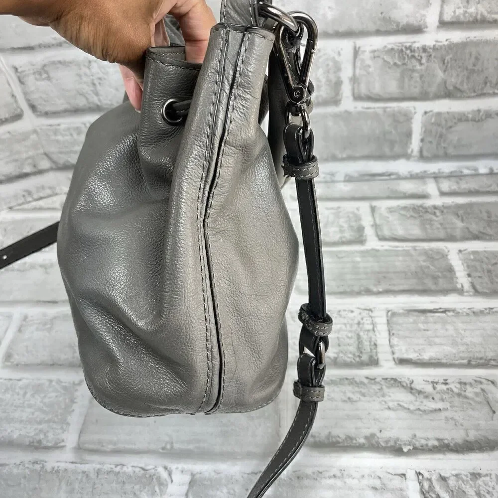 Elliott Luca Women's Gray Leather Drawstring Bucket Crossbody Bag Purse